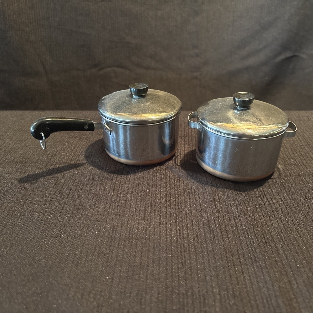 Vintage Revere Ware 2 Miniature Pots & Lids Copper Bottom Stainless Childs Toy